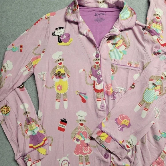 Nick & Nora 2-piece PJ Coat Set Baking Monkey Monkies Size X-Small Pink - Picture 3 of 16